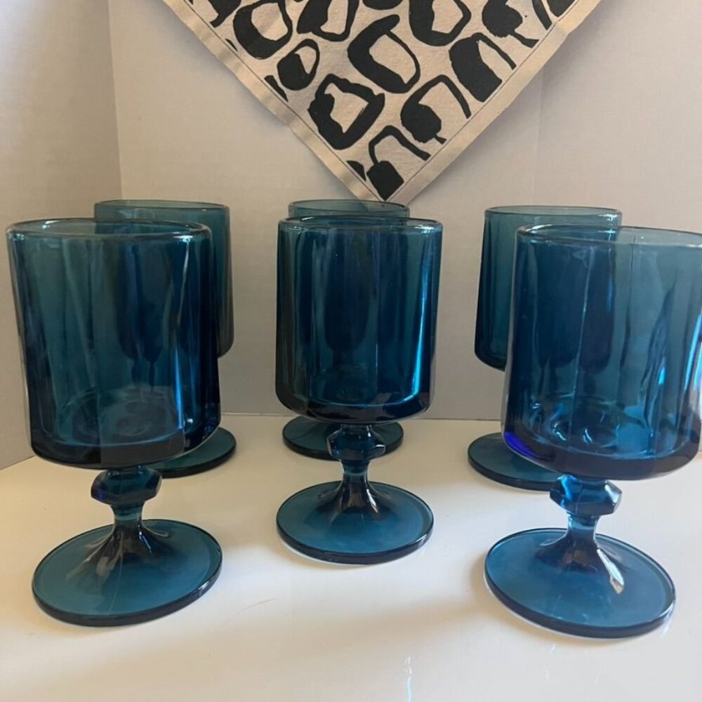 Vintage Colony Nouveau Riviera Blue Glass Water Goblets Set Of 6 MCM 8 oz